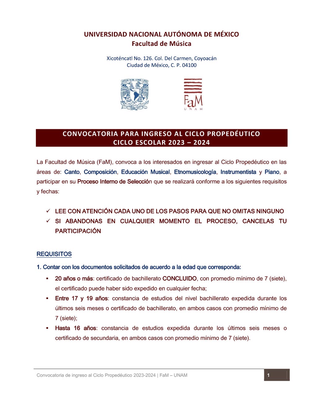 Convocatoria FaM UNAM 2023 Ingreso a Propedéutico